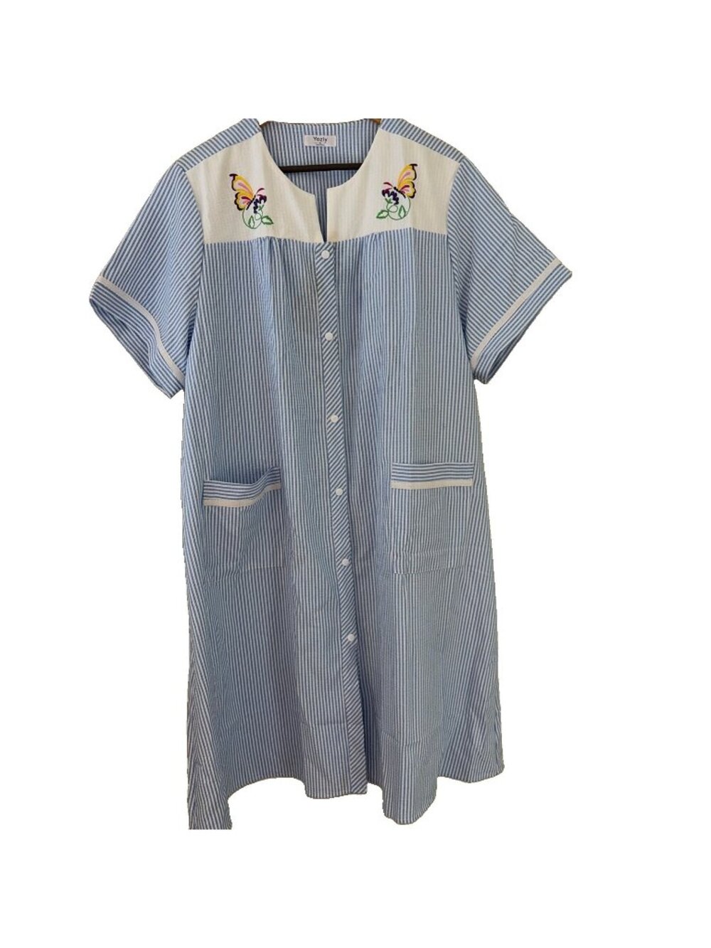 YOZLY Womens Snap Front House Dress Robe Size XL Blue Striped Stretch Pockets